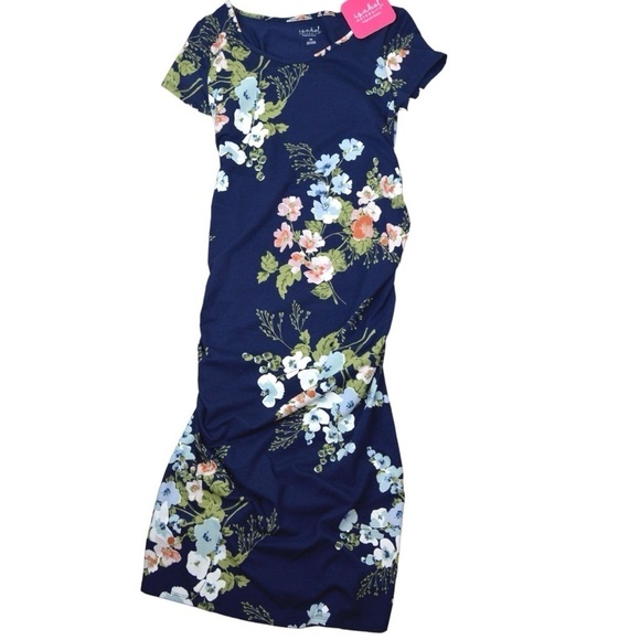 NWT Isabel Maternity Navy Floral Ruched Short Sleeve Maternity Midi Dress XS - Picture 1 of 4